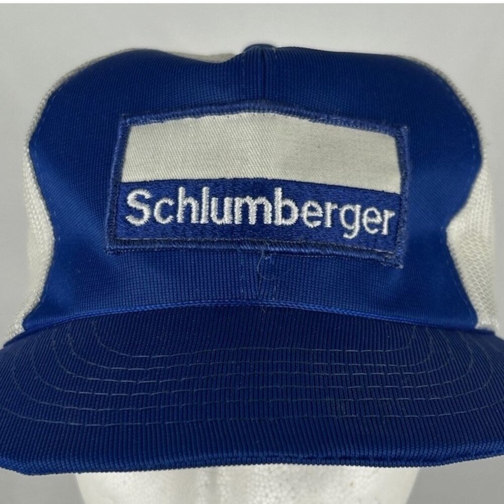 Vintage Schlumberger Blue White Mesh Snapback Trucker Hat Cap Patch Oil Gas